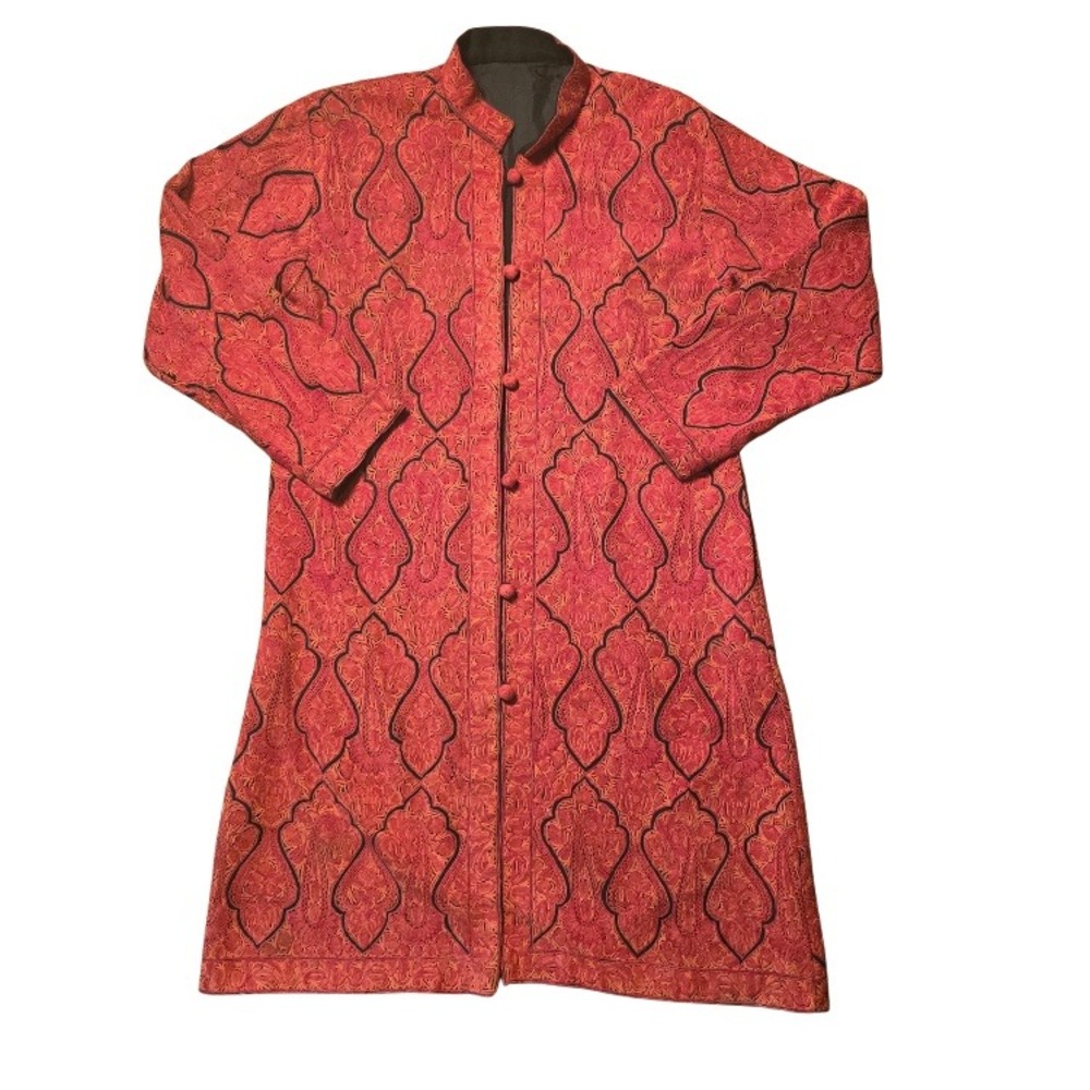 Kashmiri Jamawar Wool Long Coat Hand Embroidered Aari Paisley Boho Lined Jacket‎